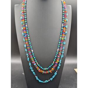 Vintage Southwest 5 Strand Turquoise Nugget Necklace Multi Shell Alpaca 111g